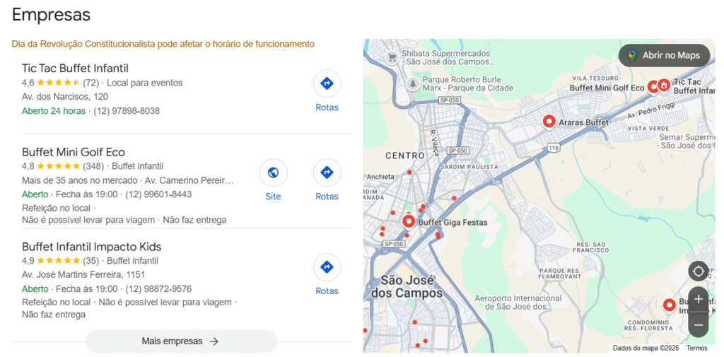 Tela do Google Negocio com a lista de buffet perto de mim e as avaliações de cada um