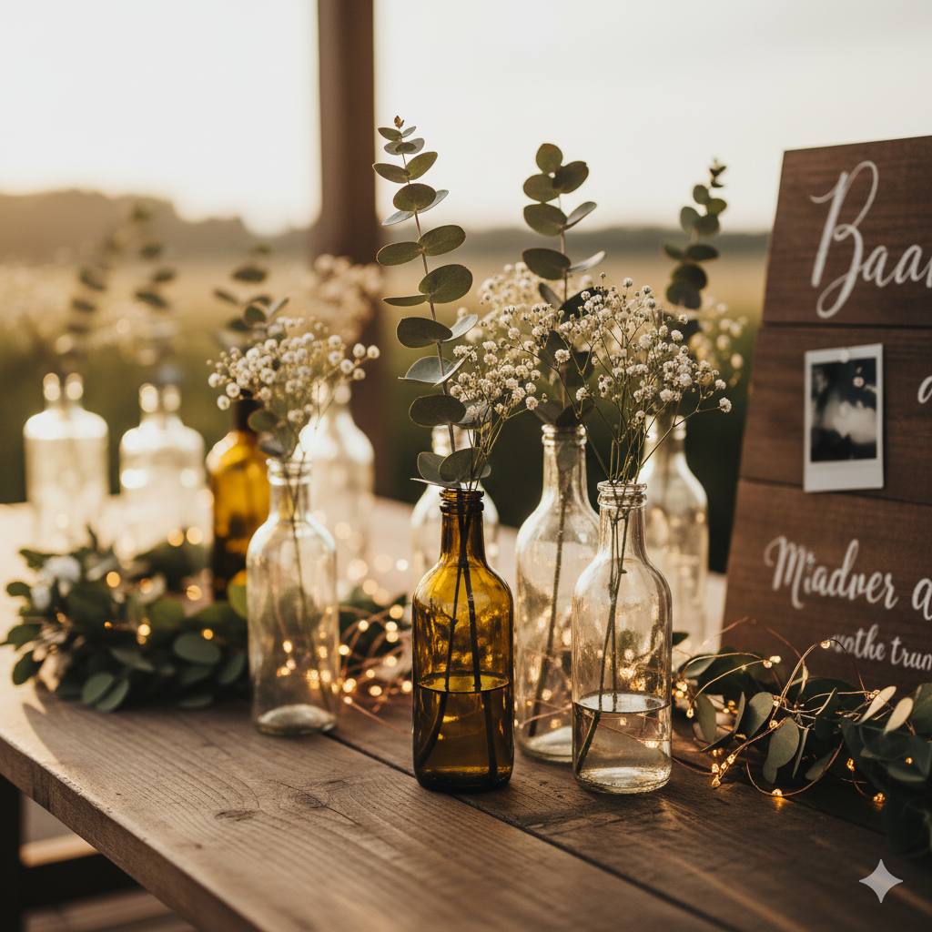 Ideia de decoração DIY mini wedding com garrafas de vidro, folhagens e luzes. Centros de mesa simples.