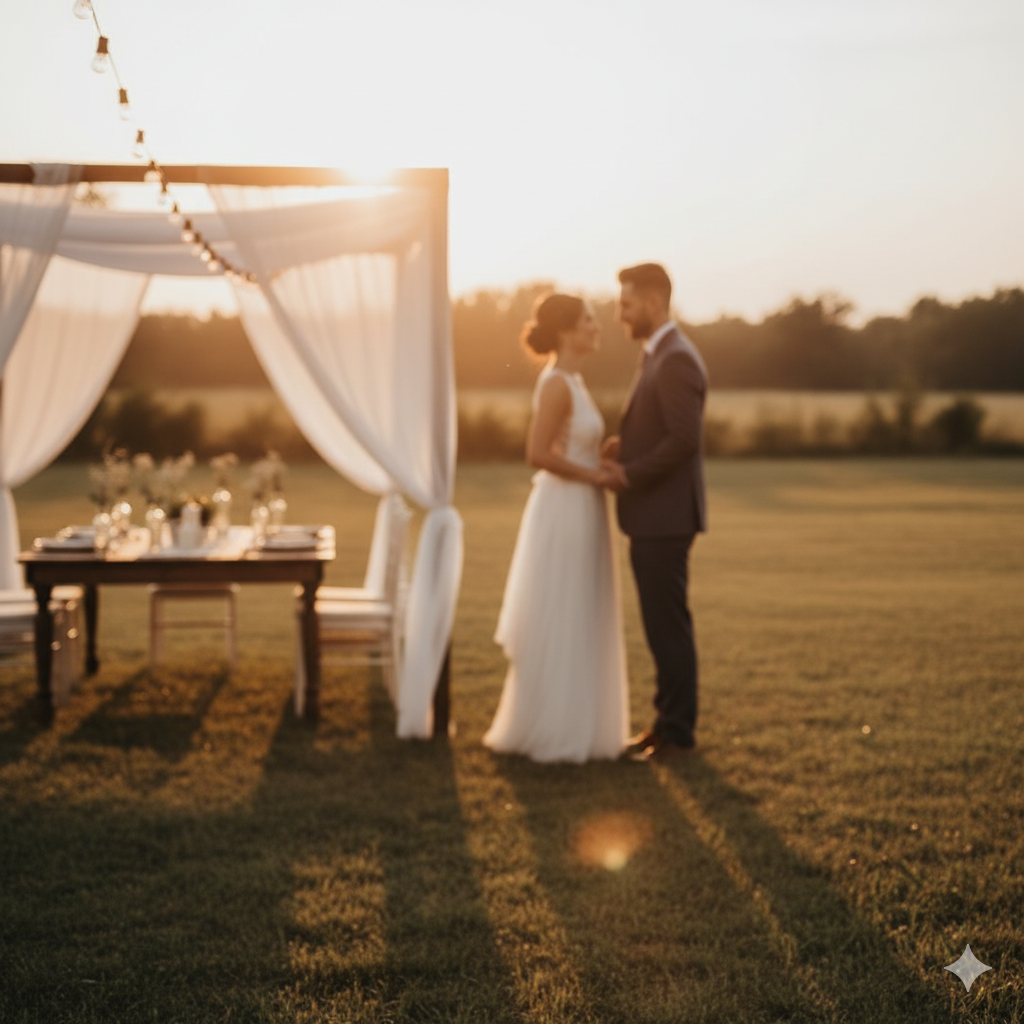 Casal durante a Golden Hour no mini wedding no campo. Melhor luz natural para fotos de casamento